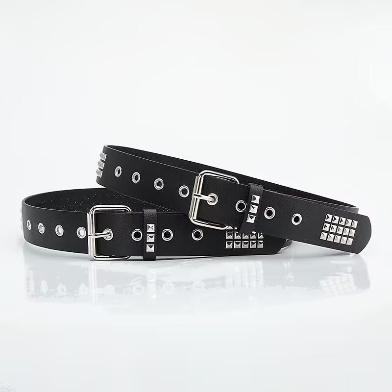 ベルト メンズ レディース フェイクレザー 四角 スタッズ 鋲 パンク ロック ファッション カジュアル ジーンズ スラックス 調整可能 ピン式 バックル ブラック