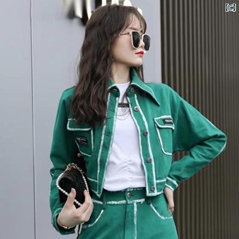 デニムジャケット レディース Gジャン アウター 春 長袖 スリムフィット トップス ピンク グリーン ショート