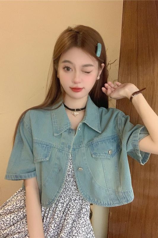 デニムジャケット 半袖 レディース Gジャン 薄手 夏 ショート丈 韓国 無地 シンプル おしゃれ 大きいサイズ ブルー