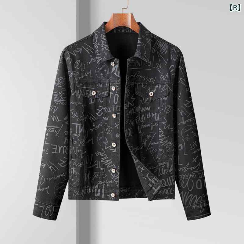 Gジャン デニムジャケット メンズ プリント 春秋 長袖 アウター カジュアル ブルー ブラック