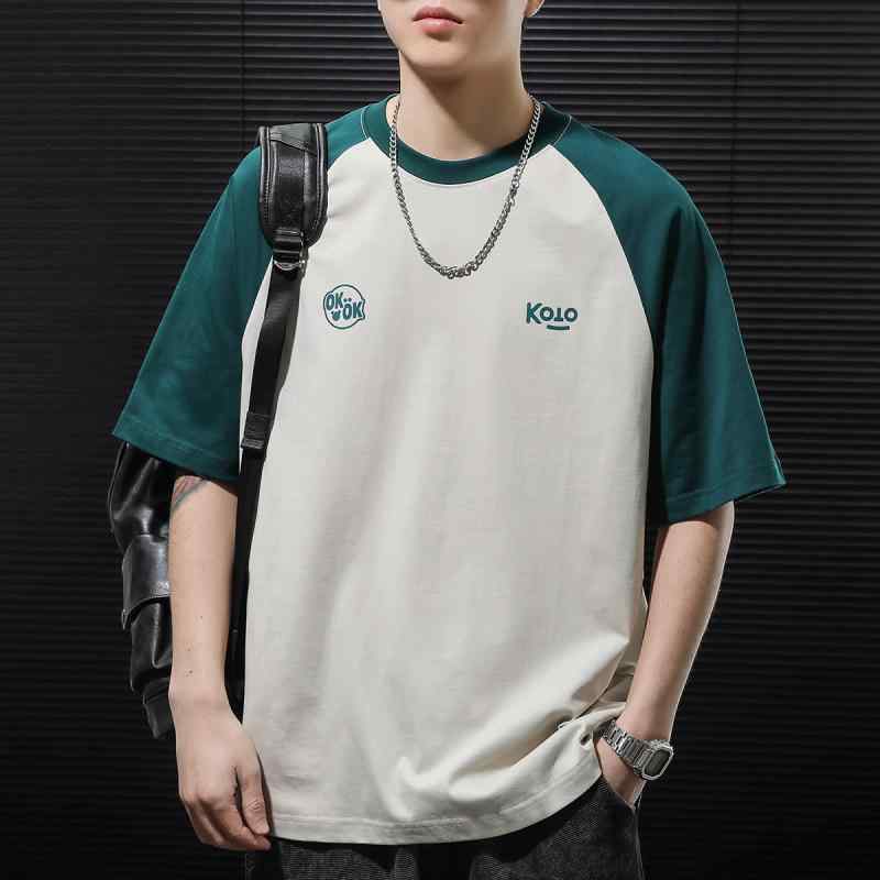 メンズ コント ラスト カラー スプライシング 小さい プリント スポーツ 要素 ラグランスリーブ ヘビー..