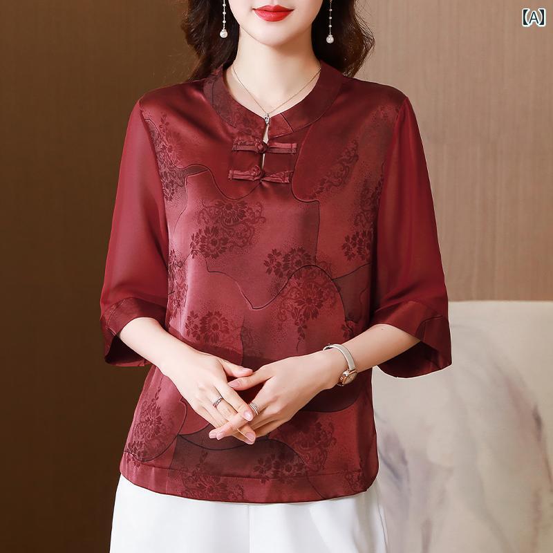 レディース 夏 ブラウス 七分袖 婦人服 女性用 トップス シャツ ブラウス シフォン エレガント 通勤 オフィス 高級感 スタンドカラー チャイナ風 レトロ