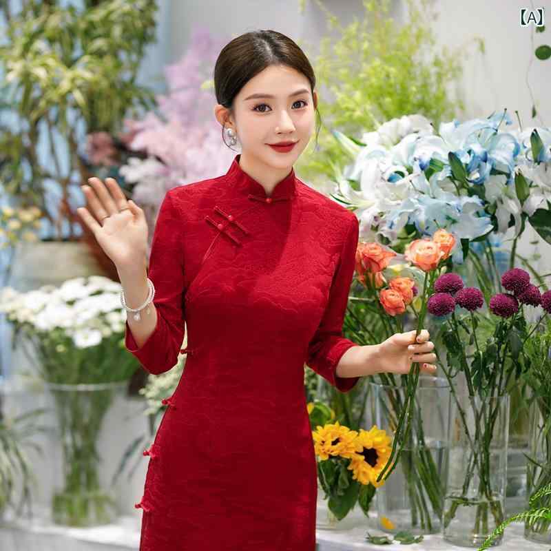 チャイナドレス レディース エスニック パフォーマンス 撮影 マザー 秋 パーティー 衣装 ドレス 七分袖 中国風 ロングドレス エレガント