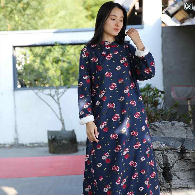 チャイナドレス エスニック ビッグシルエット スリム見え レディース ワンピース 花 禅 ティーブレイク レトロ スタンドカラー Aライン タイプ コットンリネン 春 ロング 中国 民族衣装 韓服