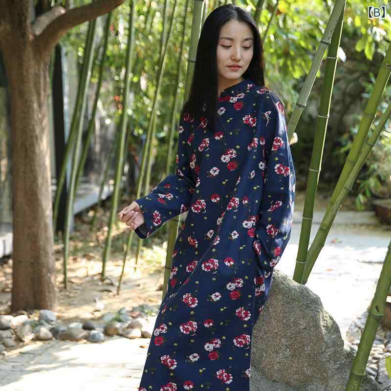 チャイナドレス エスニック ビッグシルエット スリム見え レディース ワンピース 花 禅 ティーブレイク レトロ スタンドカラー Aライン タイプ コットンリネン 春 ロング 中国 民族衣装 韓服