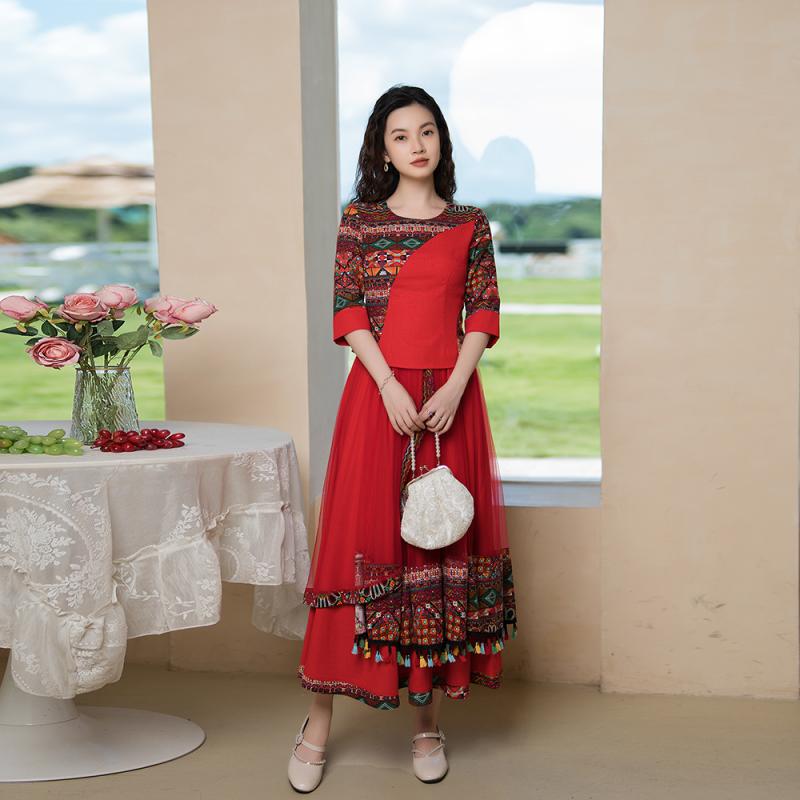 セットアップ レディース 民族衣装風 春秋 スカート トップス 2点セット エスニック アジアン レトロ 七分袖 ロング丈 カジュアル 柄プリント リゾート 旅...