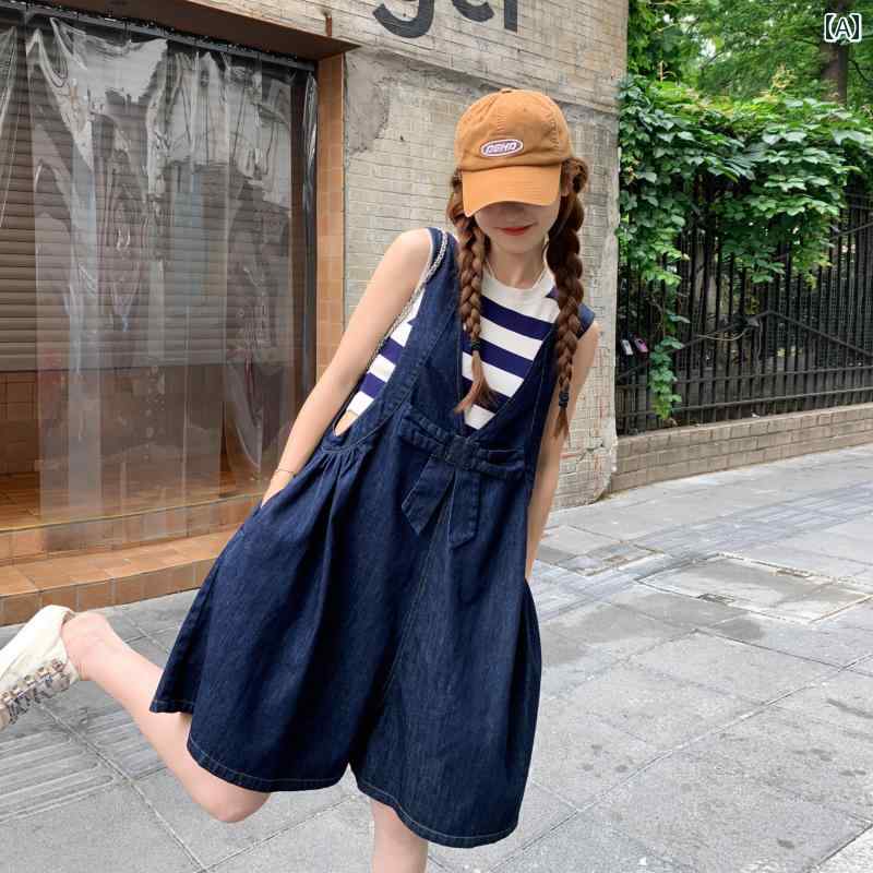 サロペット ショート丈 パンツ レディース オーバーオール つなぎ リボン デニム 夏 レトロ ゆったり ブルー