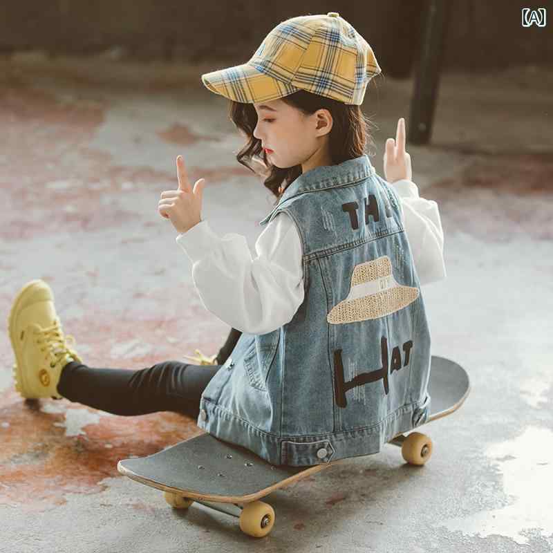 デニム ベスト キッズ 女の子 子供服 ノースリーブ ジャケット Gジャン おしゃれ 春秋 チョッキ ブルー 韓国