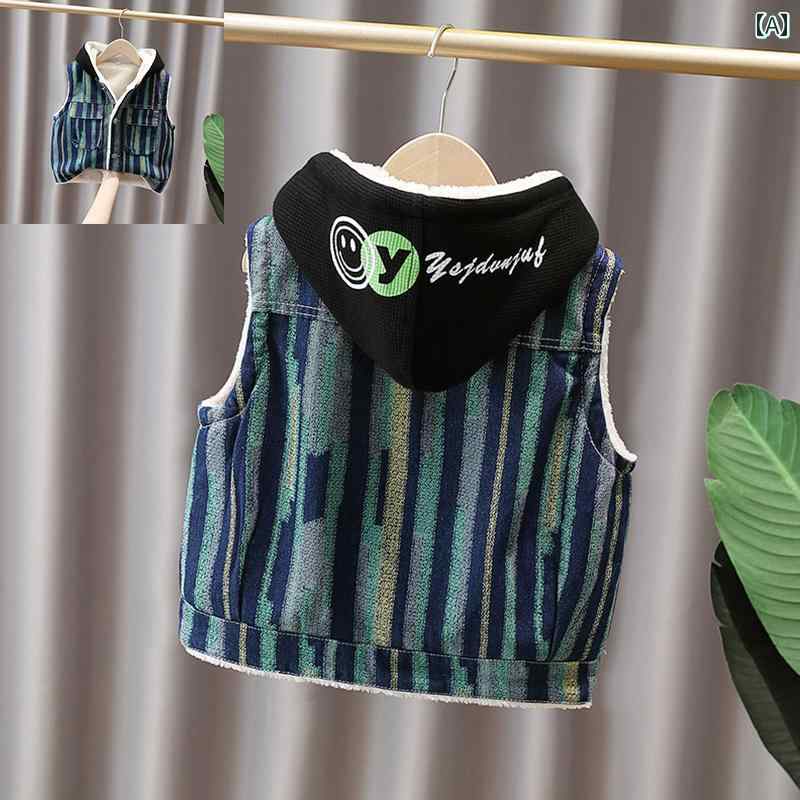 Rakuten - デニム ベスト キッズ 男の子 子供服 ノースリーブ ジャケット Gジャン 秋冬 フード付き 裏ボア 厚手 暖かい アウター グリーン ブルー オレンジ