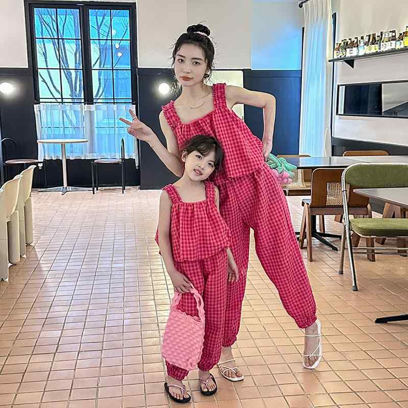 楽天モズラボ親子服 家族 ペアルック レディース 大人用 キッズ 子供 親子 リンク コーデ お揃い レジャー トラベル 記念写真 韓国 チェック パンツ ボトムス セット トップス