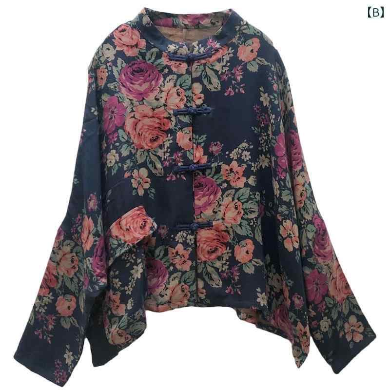 エスニック トップス レディース シャツ チャイナ風 春秋 薄手 レトロ スタンドカラー 長袖 カジュアル アジアン おしゃれ ゆったり 柄プリント 花 青 赤