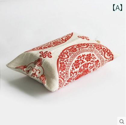 ティッシュケース おしゃれ 中国風 ボックス バッグ リビング 寝室 綿 リネン 生地 ホーム レッド ブルー