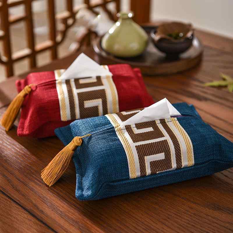 ティッシュケース おしゃれ 中国風 ボックス シンプル リビング 寝室 紙箱 車 生地 ブルー レッド