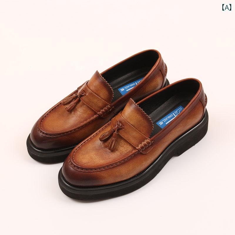ローファー メンズ 紳士靴 シューズ フリンジ タッセル おしゃれ スリッポン ソフトレザー 厚底 革靴 カジュアル ブラウン ブラック