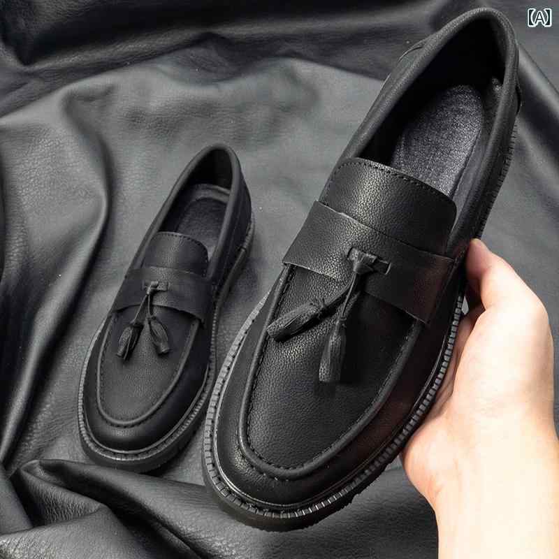 ローファー メンズ 紳士靴 シューズ フリンジ タッセル おしゃれ 夏 革靴 スリッポン 英国 ビジネス 通気性 カジュアル ブラック
