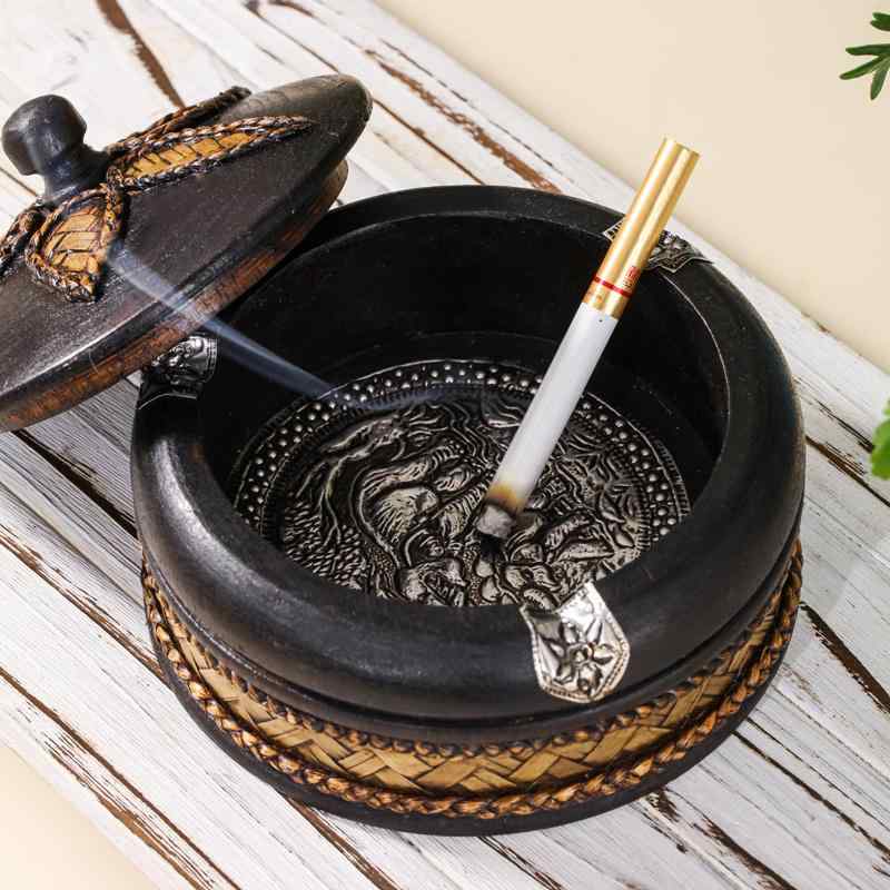 灰皿 フタ付 蓋付き 木製 おしゃれ レトロ アンチフライアッシュ 防煙 タイ 竹 装飾 東南アジア 無垢材 リビングルーム ティーテーブル