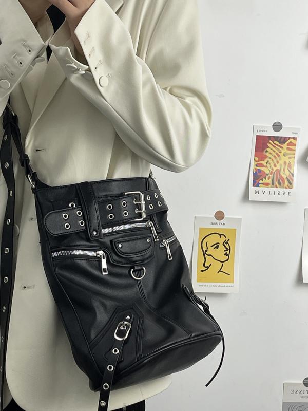 ショルダーバッグ レディース 斜めがけ トート ハンド スタッズ ベルト ジッパー ブラック