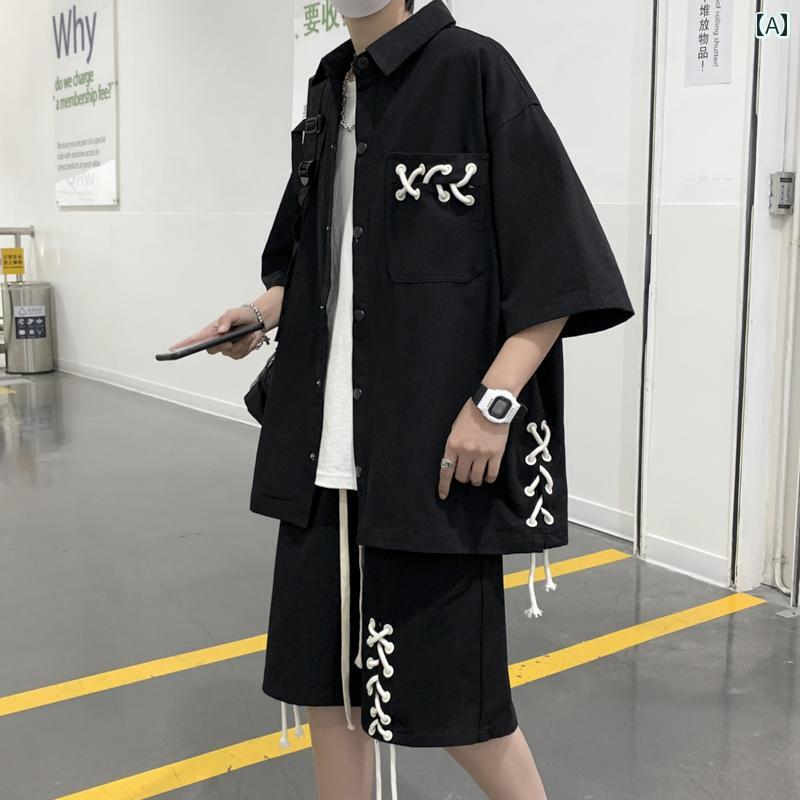 セットアップ メンズ 上下セット カジュアル 春夏 五分袖 シャツ 半ズボン 韓国 おしゃれ 大きいサイズ ブラック