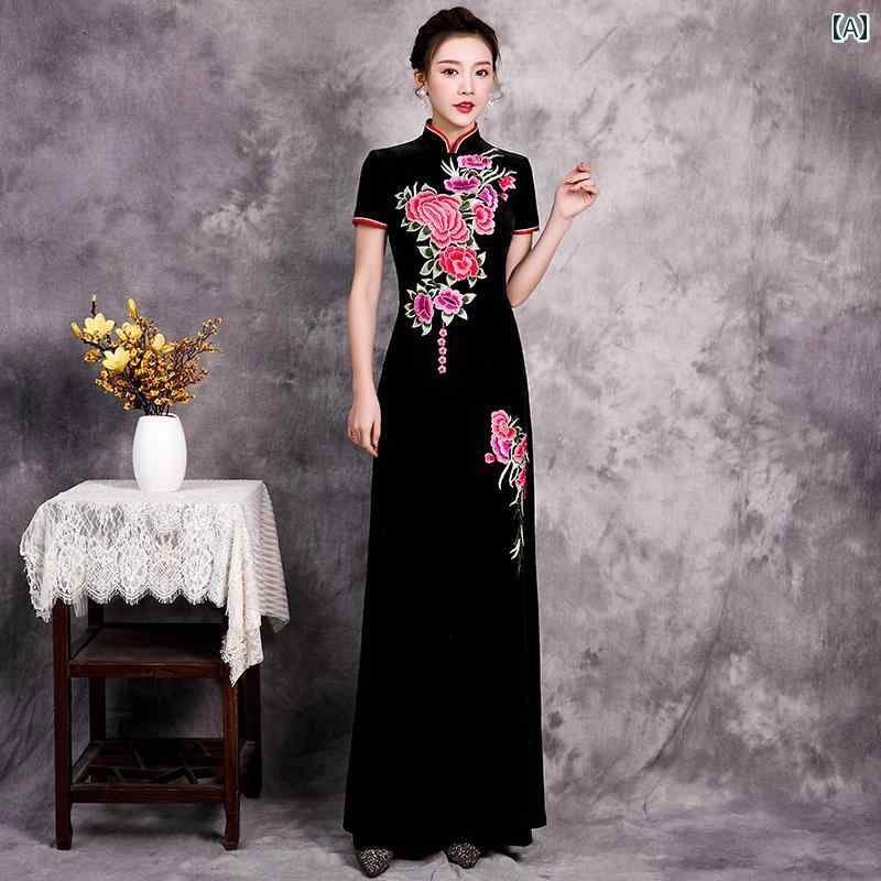 China Dress - チャイナドレス ワンピース レディース フォーマル パーティー おしゃれ パフォーマンス 中国風 ベルベット エレガント ブラック