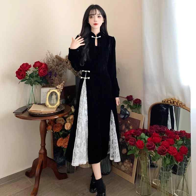 チャイナドレス ワンピース レディース フォーマル パーティー おしゃれ プラス サイズ スリム ベルベット 春 中国風 ロング スカート ブラック