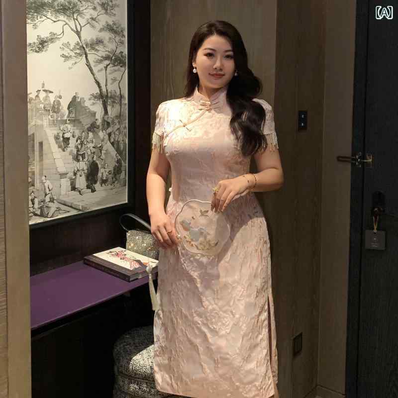 ワンピース きれいめ ぽっちゃり レディース 半袖 大きいサイズ 中国風 レトロ 刺繍 チャイナドレス ロング ピンク