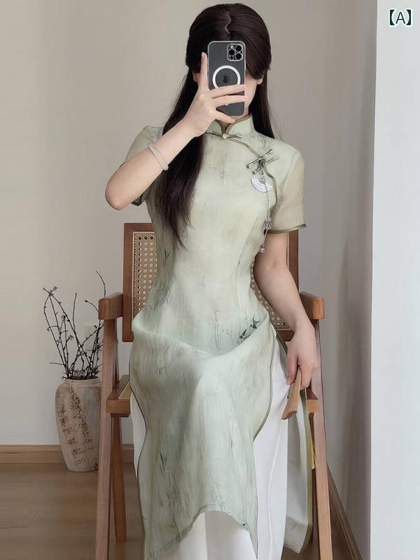 アオザイ チャイナドレス 春夏 中国風 レディース ワンピース エレガント ロング スリットなし ミドル丈