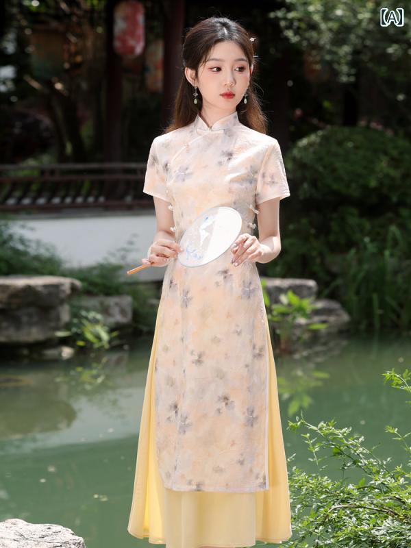 アオザイ チャイナドレス 春夏 中国風 レディース ワンピース エレガント レトロ ロング丈 イエロー