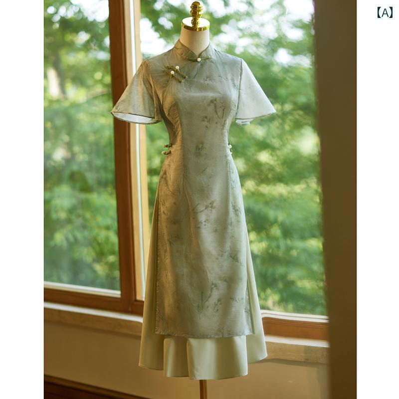 アオザイ チャイナドレス 春夏 中国風 レディース ワンピース エレガント ミドル丈 半袖 グリーン