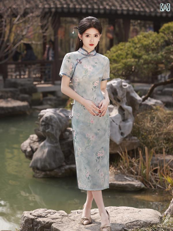 アオザイ チャイナドレス 春夏 中国風 レディース ワンピース プリント 麻 小柄 レトロ ロング丈 グレー