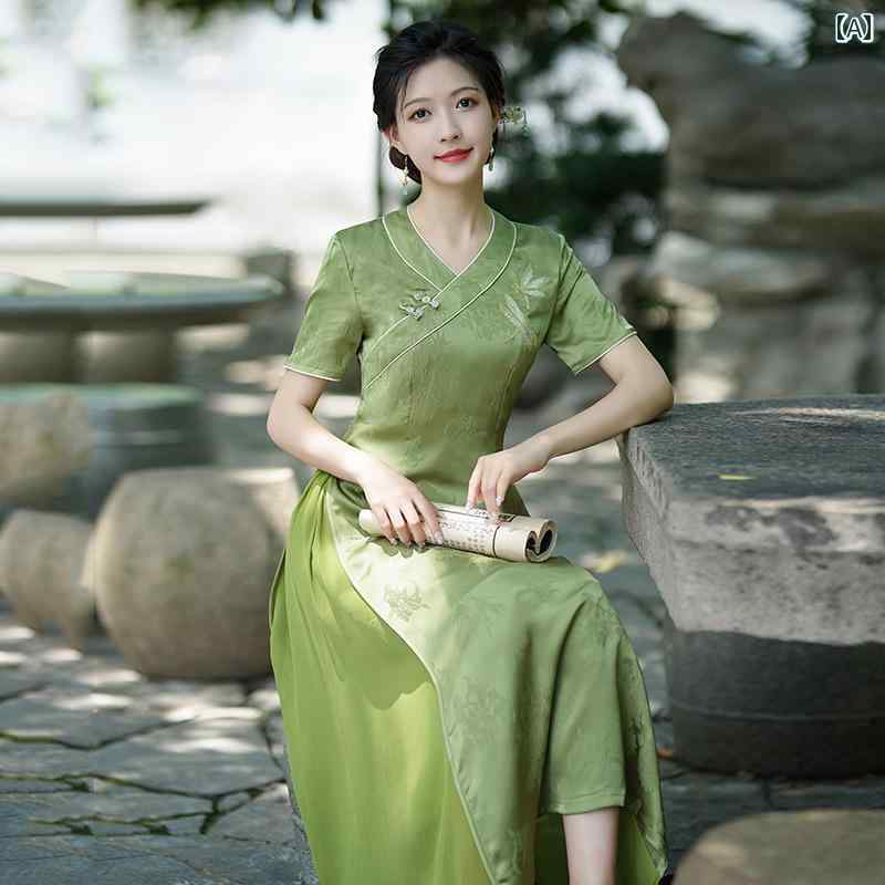 アオザイ チャイナドレス 春夏 中国風 レディース ワンピース 日常 普段着 レトロ グリーン ホワイト