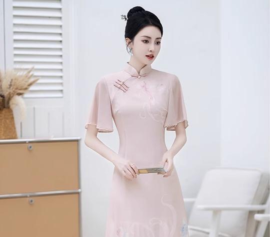 アオザイ チャイナドレス レディース レトロ 茶 アート ロング丈 オブリーク スリットなし 婦人服 ピンク