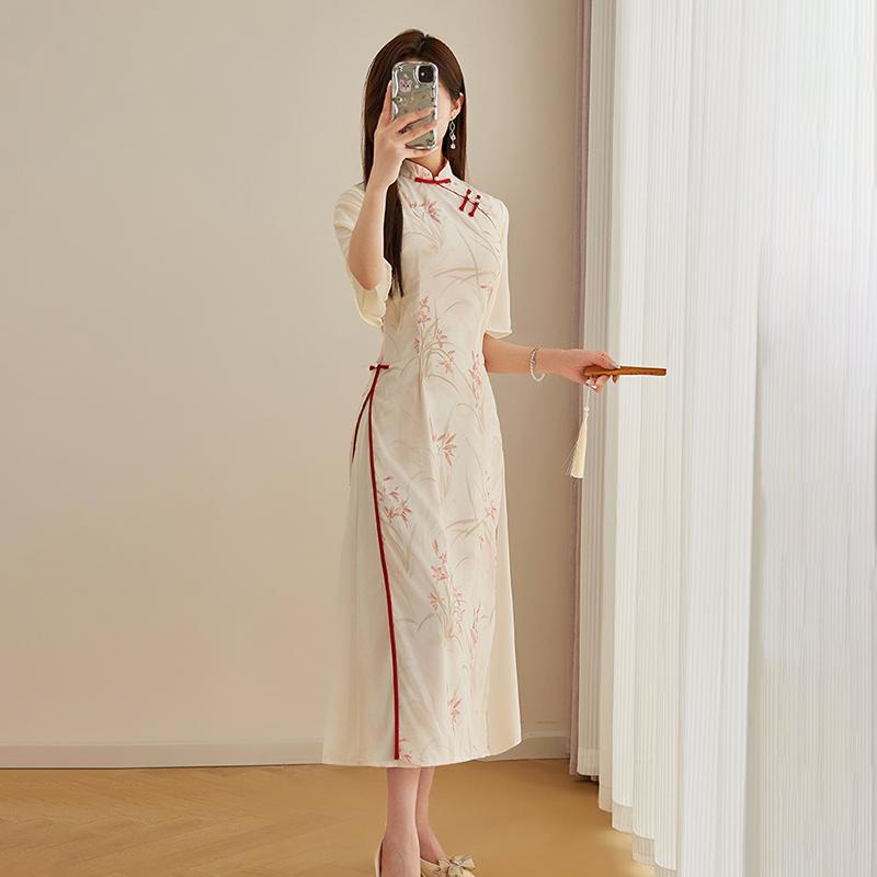 アオザイ チャイナドレス レディース レトロ 夏 オブリーク パイピング ロースリット 茶 アーティスト 服 ベージュ