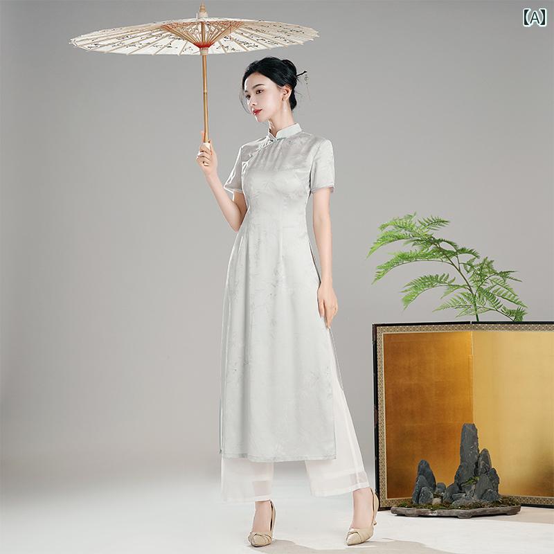 アオザイ チャイナドレス レディース 唐 夏 フェイク アセテート 茶師服 薄手 ロング トップス グレー