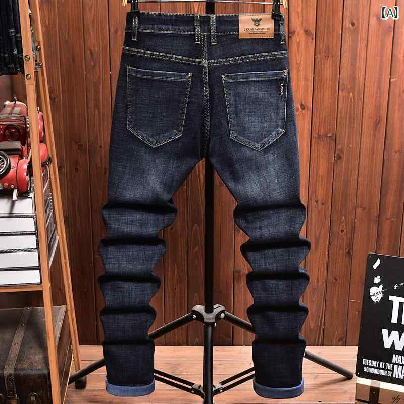 メンズ ジーンズ 春秋 ストレート スリム フィット 韓国 弾性 ロング パンツ デニム 都会的 ウォッシュ加工 ダメージ加工