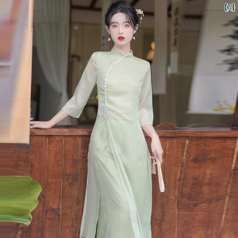 アオザイ チャイナドレス レディース 中国風 美容師 フェアリー フットバス 健康 作業服 仏教 禅茶 ア..