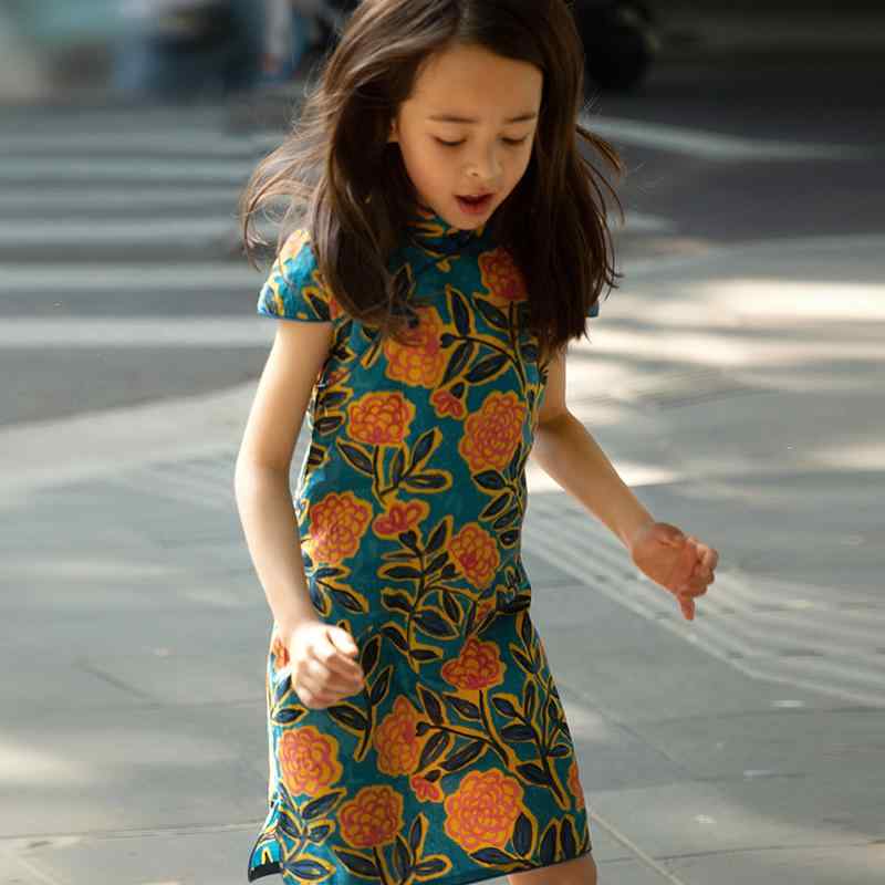 チャイナドレス 子供 キッズ 春夏 ワンピース かわいい おしゃれ 女の子 中国風 カジュアル 手描き 牡丹 青