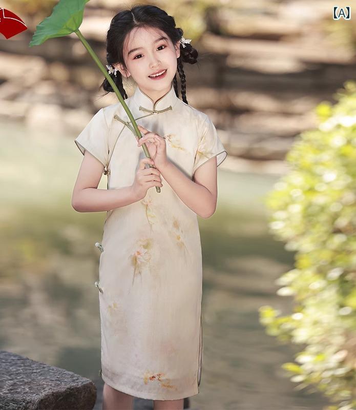 楽天モズラボチャイナドレス 子供 キッズ 春夏 ワンピース かわいい 女の子 中国風 レディース ミドル丈 半袖 レトロ イエロー グリーン ピンク
