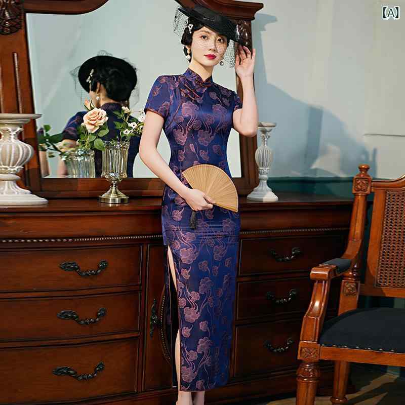 チャイナドレス 中国風 レディース ワンピース シルク ジャガード サテン 夏ハイスリット パープル グリーン