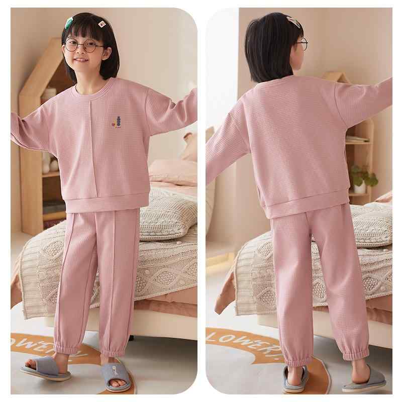 楽天モズラボパジャマ キッズ 長袖 女の子 春秋 上下セット 子供服 トップス ズボン ラウンドネック ウエストゴム ゆったり ルームウェア リラックス 部屋着 通気性 吸湿性 毛玉になりにくい ワッフル 刺繍 シンプル かわいい ピンク 青