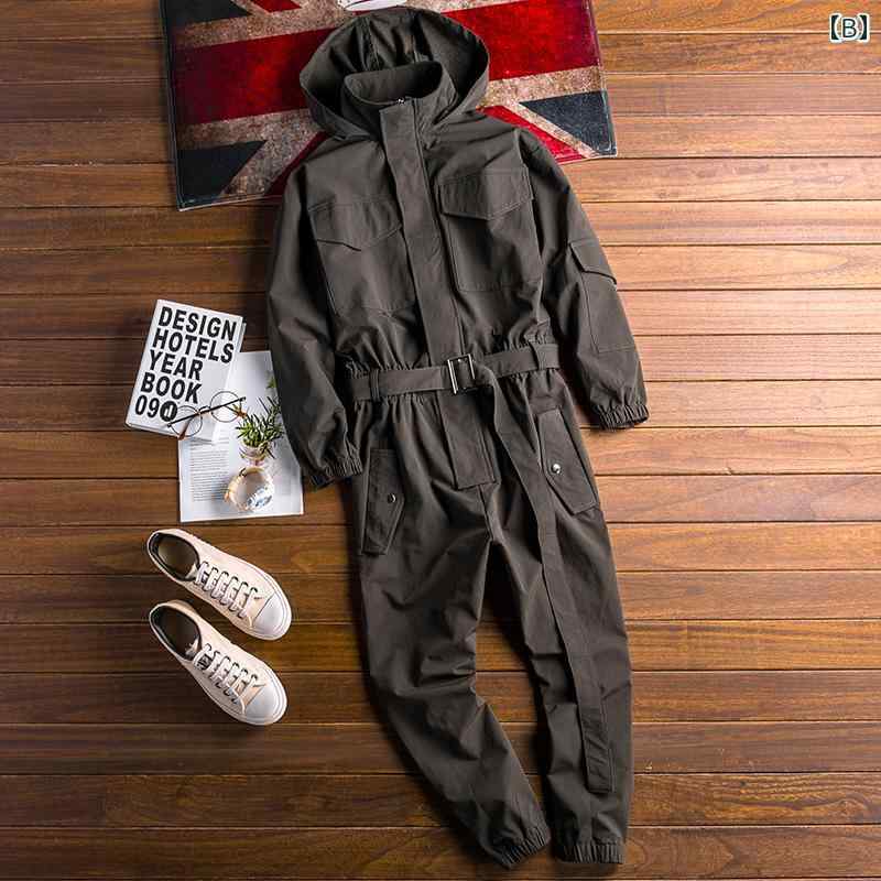 オーバーオール 秋冬 サロペット パンツ つなぎ メンズ レディース 長袖 作業着 大きいサイズ ジャンプスーツ フード付き ヒップホップ ブラック グリーン ブルー