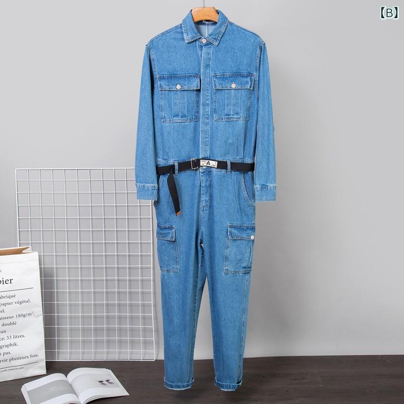 オーバーオール 秋冬 サロペット パンツ つなぎ メンズ レディース カジュアル 大きいサイズ 長袖 ジャンプスーツ デニム ストレート ジーンズ ブルー