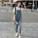 オーバーオール サロペット パンツ つなぎ レディース カジュアル デニム 春秋 クロップド ジャンプスーツ ブルー