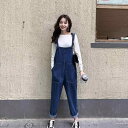 オーバーオール サロペット パンツ つなぎ レディース カジュアル 大きいサイズ デニム 春秋 ハイウエスト ストレート ワイド ブルー