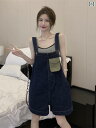 サロペット ショート丈 パンツ レディース オーバーオール つなぎ 韓国 レトロ 夏 薄手 ワイド デニム ポケット ブルー