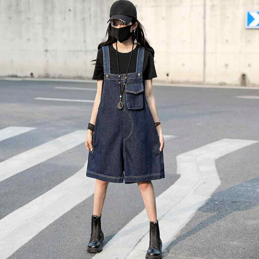 サロペット ショート パンツ レディース オーバーオール つなぎ ワークウェア デニム サスペンダー 夏 ゆったり 大きいサイズ カジュアル ストレート 五分丈 紺 サロペット ショート パンツ レディース オーバーオール つなぎ ワークウェア デニム サスペンダー 夏 ゆったり 大きいサイズ カジュアル ストレート 五分丈 紺