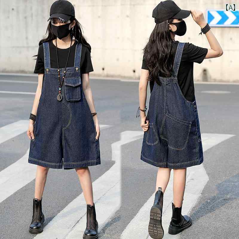 サロペット ショート パンツ レディース オーバーオール つなぎ ワークウェア デニム サスペンダー 夏 ゆったり 大きいサイズ カジュアル ストレート 五分丈 紺