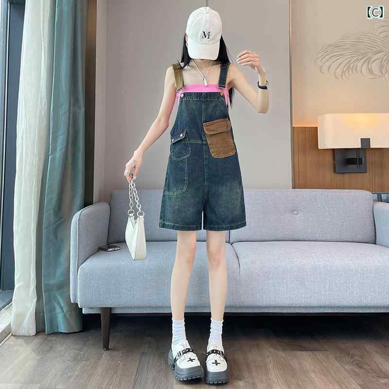 サロペット ショート丈 パンツ レディース オーバーオール つなぎ ワークウェア デニム サスペンダー ショーツ 夏 薄手 ワイドレッグ ジャンプスーツ 水色 紺