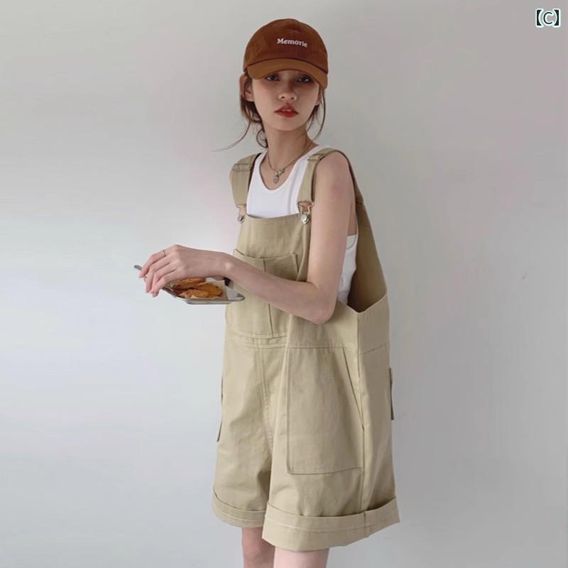 サロペット ショート丈 パンツ レディース オーバーオール つなぎ 大きいサイズ デニム サスペンダー ショーツ 小柄 夏 ハイウエスト スリム ワイドレッグ ピンク 緑 赤