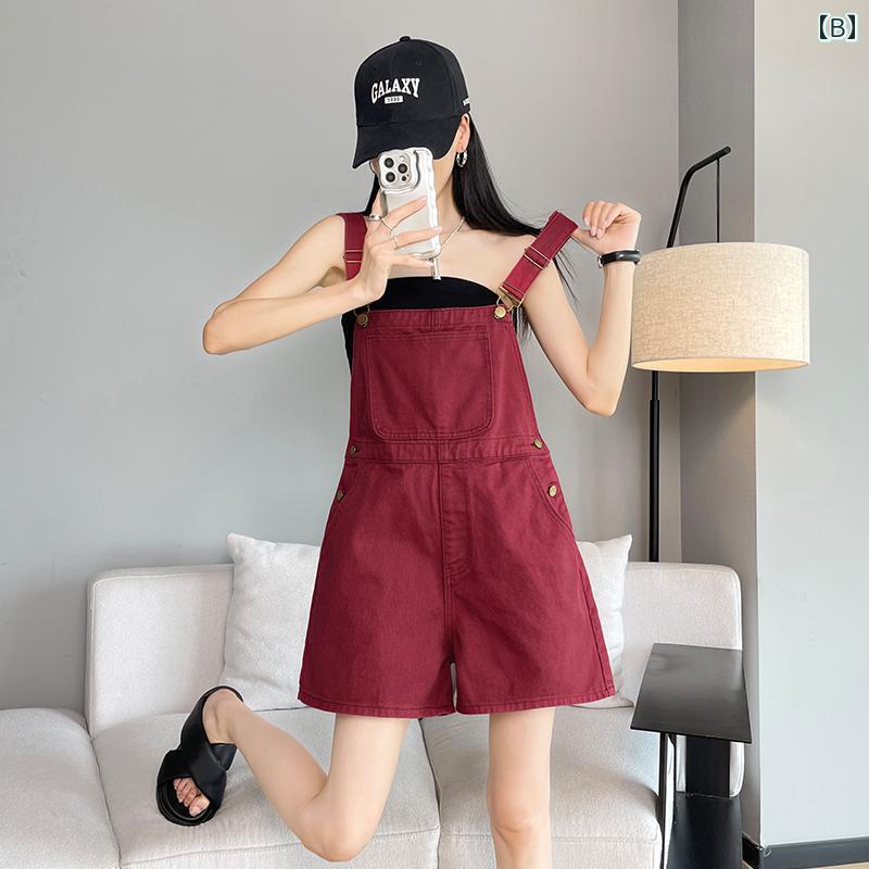 サロペット ショート丈 パンツ レディース オーバーオール つなぎ おしゃれ デニム 夏 ドット 水玉 ピンク レッド ブラック