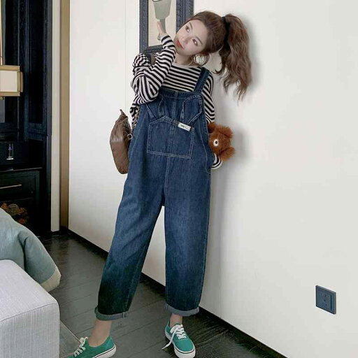 サロペット パンツ レディース オーバーオール つなぎ うさ耳 デニム 春秋 韓国 カジュアル ロング丈 ブルー サロペット パンツ レディース オーバーオール つなぎ うさ耳 デニム 春秋 韓国 カジュアル ロング丈 ブルー